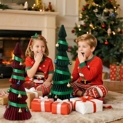 PAPER JAZZ 20in Large Honeycomb Christmas Tree – Green & Red Folding 3D Centerpiece