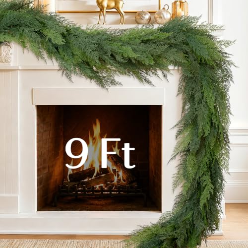 2 Pack 9FT Cedar Garland with 50 LED Lights, Pre-Lit Faux Greenery 9 ft