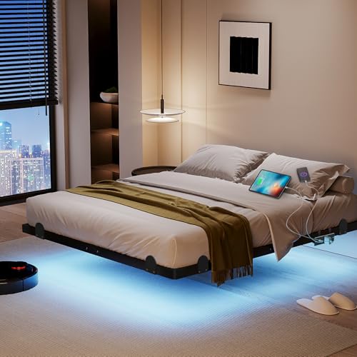 Queen Floating Bed Frame with LED Lights and Built-in Charging Station