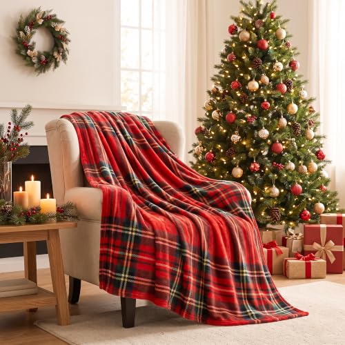 Christmas Fleece Blanket Holiday Throw 50x60 Red Tartan for Sofa Bed Home Decor