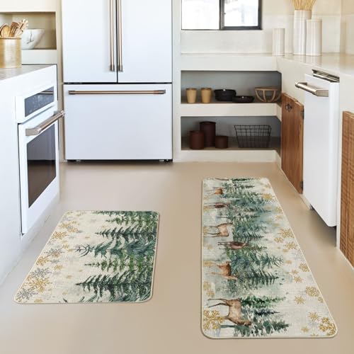 Christmas Kitchen Mats & Placemats Set - Deer Holiday Decor, 4 Pieces