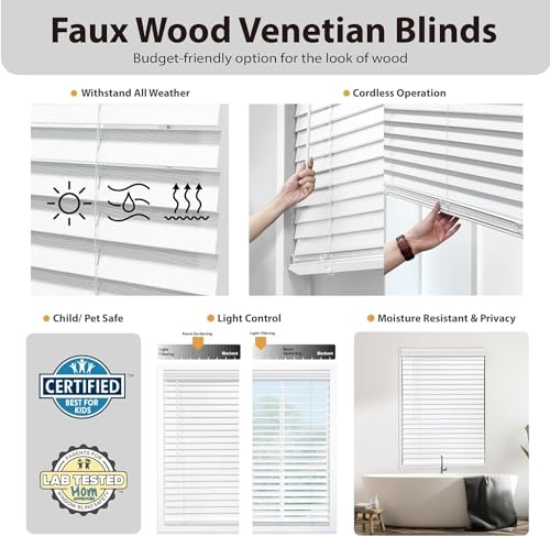 Cordless 2-Inch Faux Wood Blinds - White, 35" W x 60" H