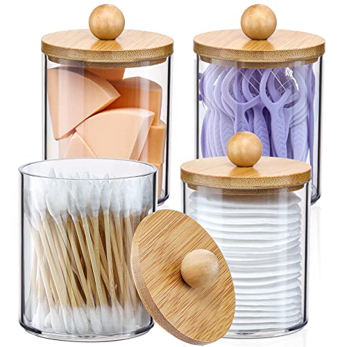 4 Pack Apothecary Jars with Bamboo Lids - 10 oz Clear Plastic Storage Containers for Bathroom Vanity