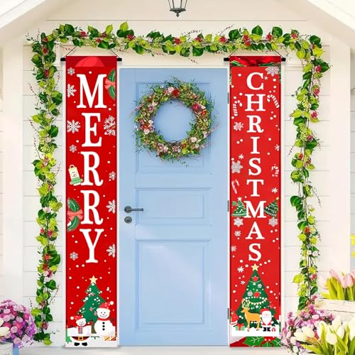 BlissYard Merry Christmas Decorations 30x71 Inch Red Banner with Snowman Santa Gifts – Christmas Door Porch Wall Decor (Variation: Christmas Door Banner#3)