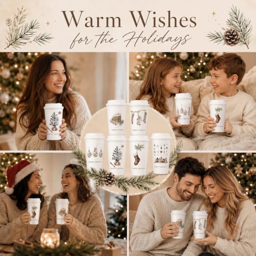 Havawish 12-Pack Rustic Neutral Christmas Coffee Cups with Lids, 16 oz Plastic Tumbler Bulk