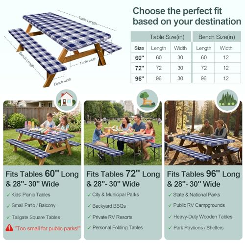Waterproof Fitted Picnic Table Cover with Bench Covers - 6ft Blue Checkered