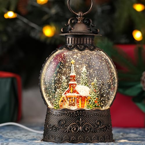Lighted Christmas Snow Globe with Music and Timer, USB or Battery Operated