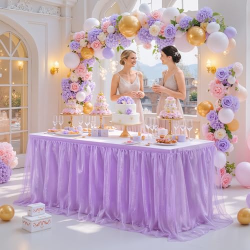 Purple Tulle Ruffle Table Skirt, 6ft Shimmer Tutu for Party & Desk Decor