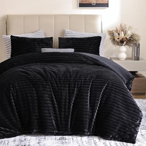 Fluffy Faux Fur Queen Comforter Set - 3-Piece All-Season Black Bedding