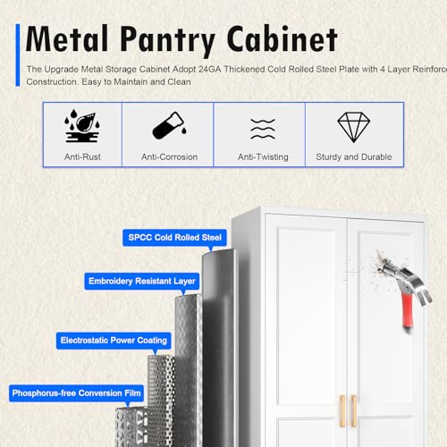 71" Tall White Metal Kitchen Pantry Cabinet with Doors & Adjustable Shelves