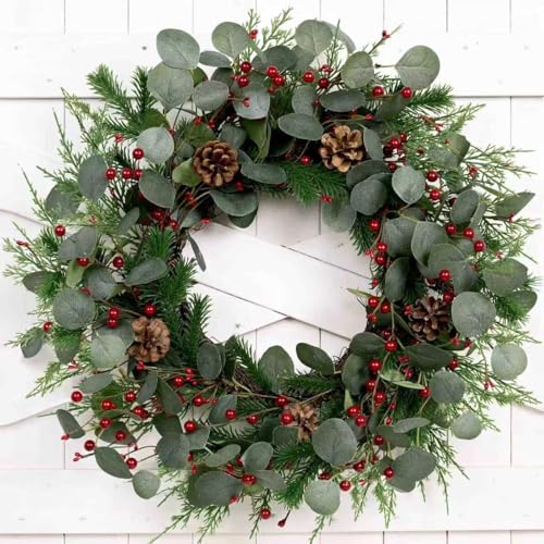 24-Inch Christmas Wreath with Red Berries, Pine Cones, and Eucalyptus Leaves