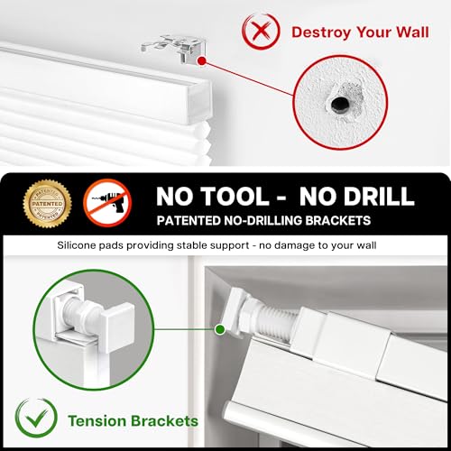 No-Drill Cordless Cellular Shades - 46" W x 48" H White Honeycomb Blinds