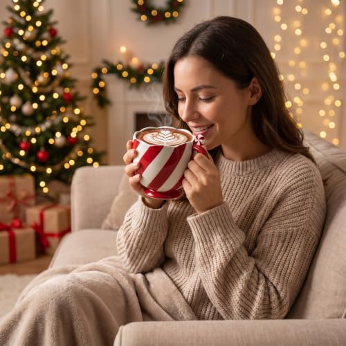 Willinglong Christmas Ceramic Mug, 13.5 oz Candy Cane Striped Christmas Mug (Variation: Christmas mug)