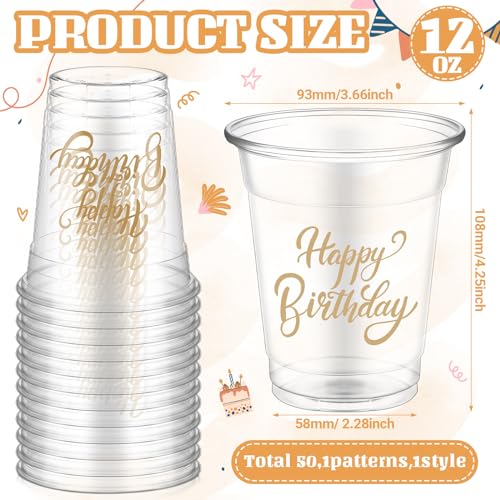 50 Pcs 12 oz Happy Birthday Plastic Cups - Disposable Party Drinkware