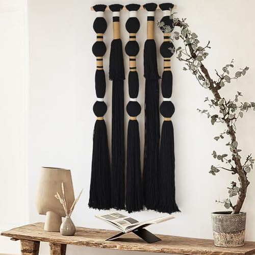 Black Macrame Wall Hanging - Geometric Boho Cotton Tapestry (15.7" x 39")