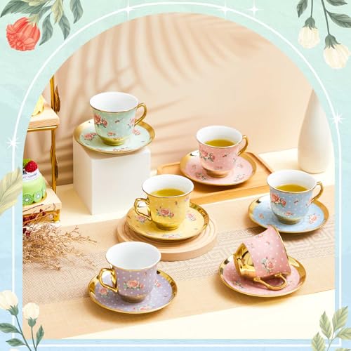Teenyyou Set of 12 Vintage Style Tea Cups and Saucers, 5.4 Oz - Elegant Porcelain