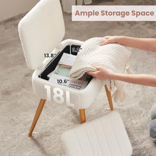 Teddy Velvet Vanity Chair with Hidden Storage and Folding Back, White