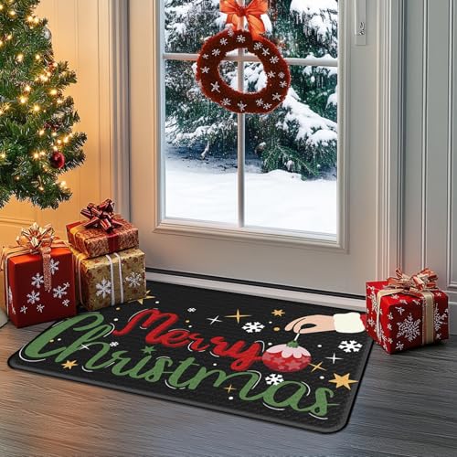 Dintszyayue Christmas Kitchen Rug Set 2 pcs Non Slip Santa Snowman 17x30+17x48 Black