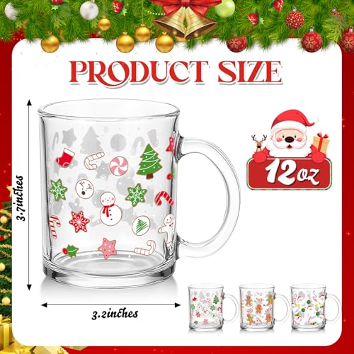 Vesici 12 Set Christmas Glass Mugs 12oz Classic with Handle - Festive Holiday Drinkware