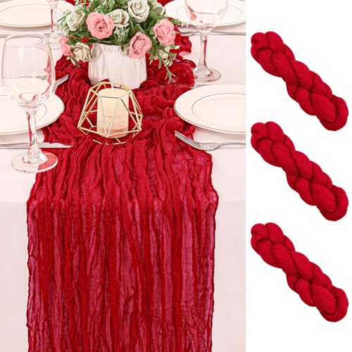 2 Pack Red Cheesecloth Table Runner, 120-Inch Rustic Boho Gauze Table Decor