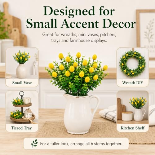 6 Pcs Artificial Lemon Branches for Home Decor - Faux Lemons & Greenery