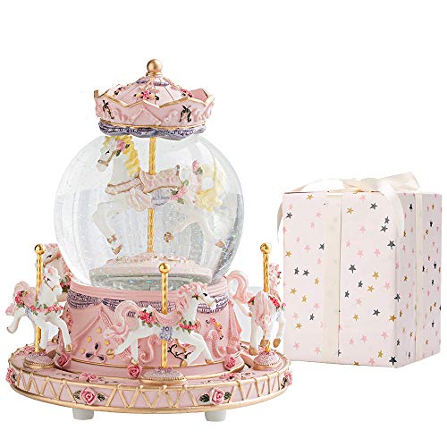 Carousel Music Box with LED Color Lights, Rotating Snow Globe Decor
