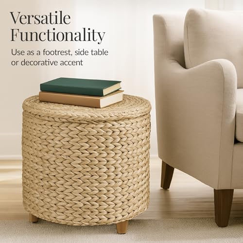 17-Inch Round Woven Water Hyacinth Storage Ottoman with Lid and Wooden Legs