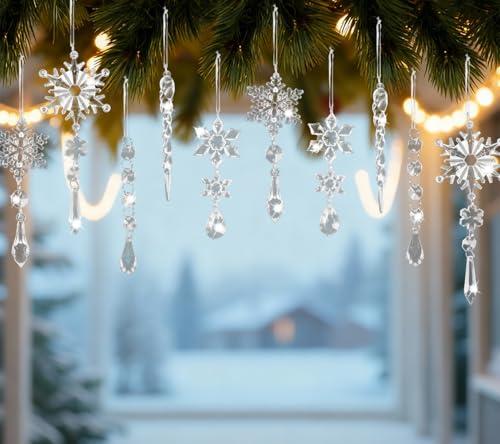 Crystal Snowflake Christmas Ornaments 10-Pack Acrylic Hanging Decorations for Tree