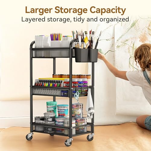 Yasonic 3-Tier Metal Rolling Utility Cart with Wheels, Black Storage Organizer with Hanging Cups and Hooks for Kitchen, Office, and Craft Room
