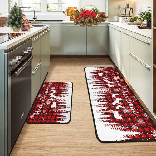 OXIUAZ Buffalo Plaid Xmas Kitchen Rug Set 2 - 17x47" & 17x30" White Snowflake