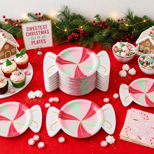 Maxdot 60 Pcs Candy-Shaped Christmas Paper Plates - Pastel Party Supplies