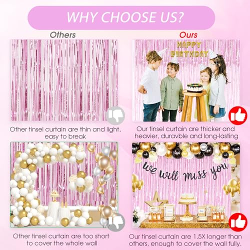 Pink Foil Fringe Curtain Backdrop (3-Pack) - 3.3 x 9.9 ft Tinsel Streamers