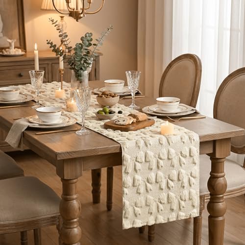 13x60 Inch Beige Faux Fur Jacquard Bows Table Runner - Valentine's Home Decor