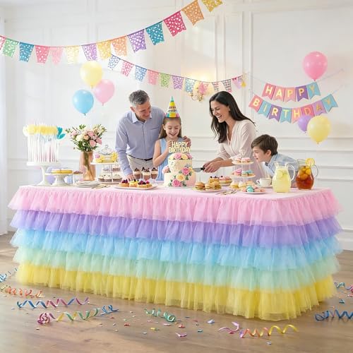 Pastel Rainbow Tulle Table Skirt 6ft x 30in for Parties and Baby Showers