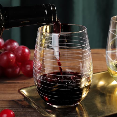 Hand Blown Etched Stemless Wine Glasses, 17.5 oz Patterned Glass Tumblers Set