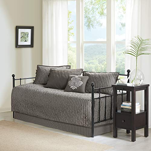 Reversible Daybed Cover Set - 6-Piece Quilted Cotton Bedding, Dark Grey