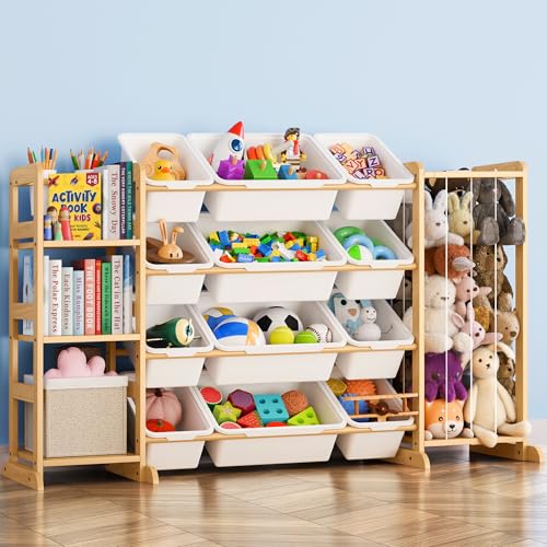 Wooden Kids Toy Storage Organizer with Bookshelf & 12 Removable Bins