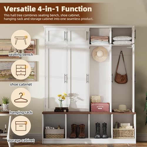 4-in-1 Hall Tree with Entryway Bench, Shoe Cabinet and Storage Hooks