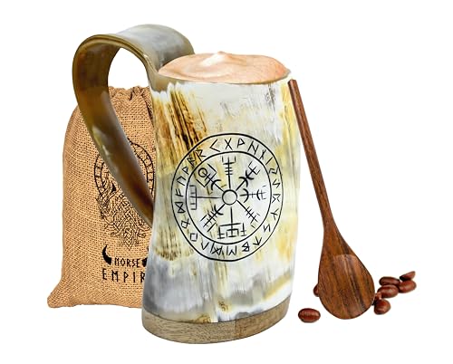 Norse Empire 5 Inch Viking Horn Mug - Handmade 12oz Medieval Norse Drinkware with Compass Finish, Perfect for Beer & Mead Gift