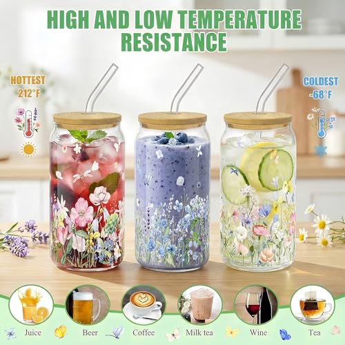 Floral Glass Cups with Bamboo Lids and Straws, 16oz Set of 4