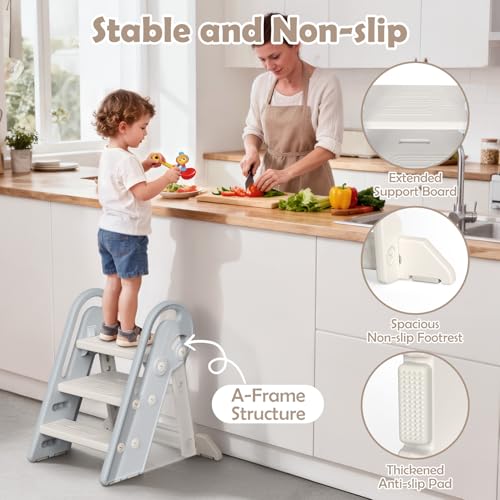Adjustable Toddler Step Stool, Foldable 3-Step to 2-Step Learning Stool