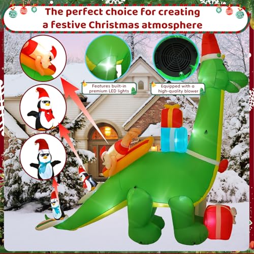 13FT Dinosaur and Santa Surfing Outdoor Inflatable Christmas Decoration with LED Lights, Suitable for Yard and Lawn
