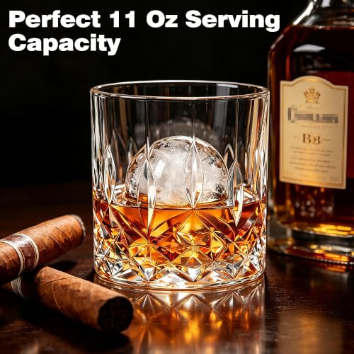 QUMMFA Whiskey Glass Set with Ice Ball Molds - 16 pcs, 11 oz Old Fashioned Glasses for Bourbon & Scotch, Gift Box