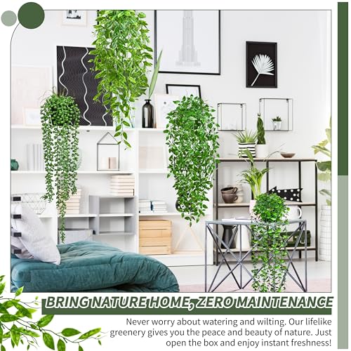 4 Pack Artificial Hanging Plants with Pots, UV Resistant Faux Greenery Set