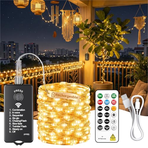 Rechargeable Fairy Lights 66ft Warm White 200 LEDs with Remote & DIY Timer