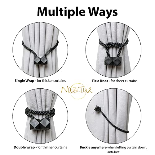 Magnetic Curtain Tiebacks - Heavy Duty Woven Rope Holdbacks, Set of 2