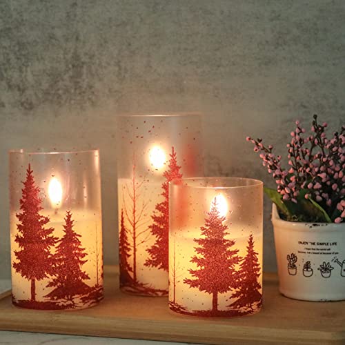 Red Christmas Tree Flameless Candles with Remote & Timer - Frosted Glass, 3 Inches, Set of 1-3