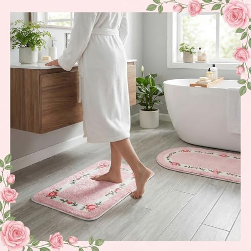2-Piece Rose Flower Bathroom Rug Set, Soft Absorbent Non-Slip Floral Mats