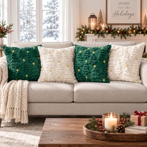 Aryala Deep Green Christmas Pillow Covers 18x18 Set of 2 - Tree & Star Decor