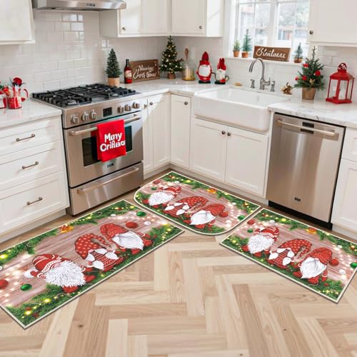 Christmas Gnomes Kitchen Rugs Set of 3 - 18x30, 18x30DShape, 20x40 Runner, Non Slip